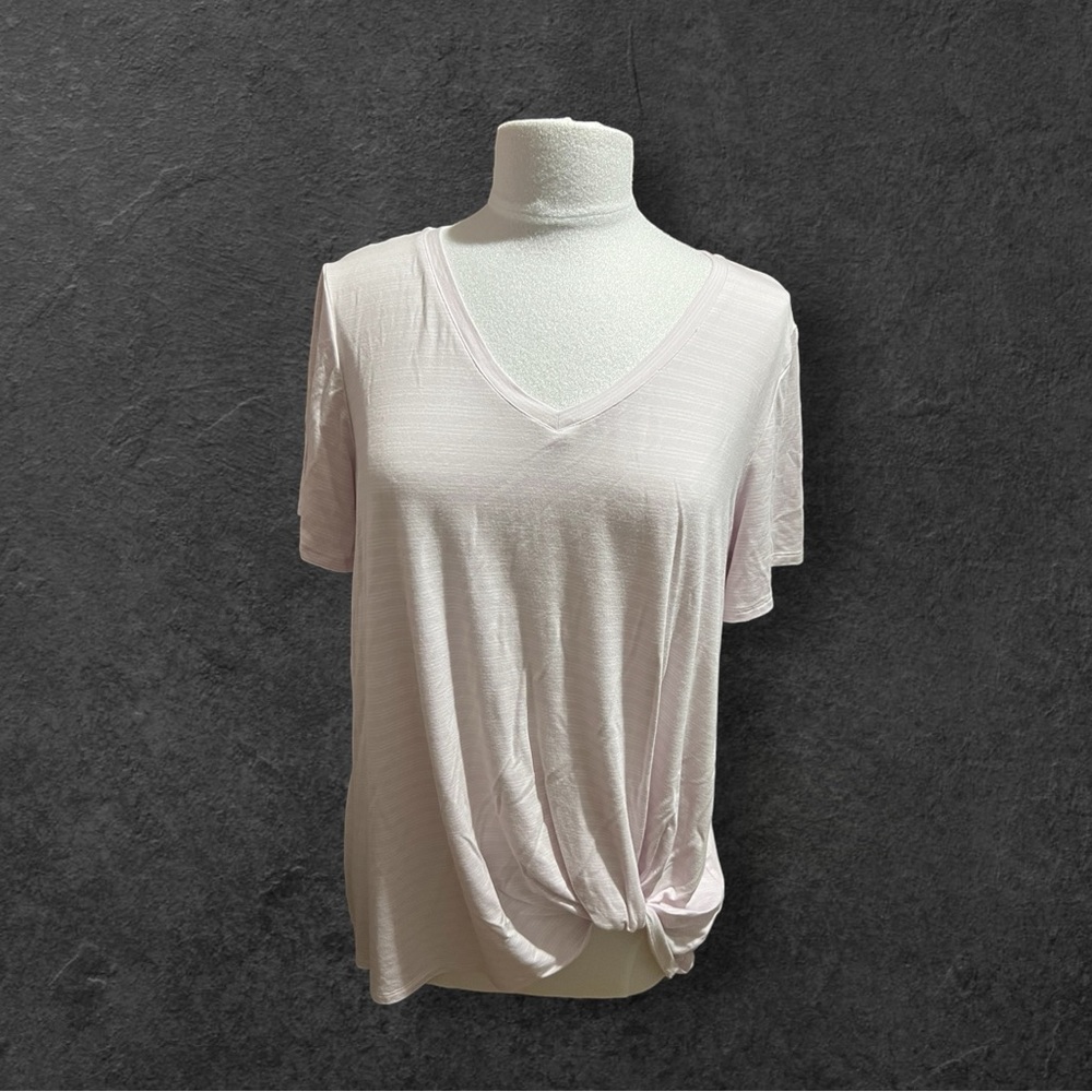 Matty M Ladies' very pale, violet and white stripe V-Neck Twist Front Tee.